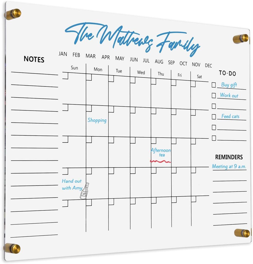Clear Acrylic Calendar Dry Erase for Wall, Family Planner, Monthly Calendar Dry Erase Whiteboard for Home, Office, 17" x 13"Reusable White BoardClear-3343