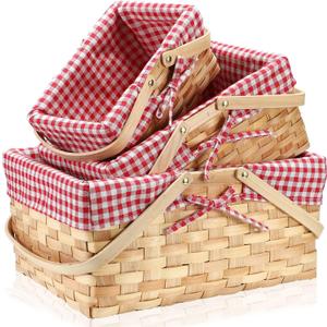 3 Pcs Different Sizes Picnic Basket with Handles Natural Vintage Red and White Checkered Liner Rustic Woven Hamper for Spring Easter Picnic Camping Outdoor Egg Gathering Candy Gift