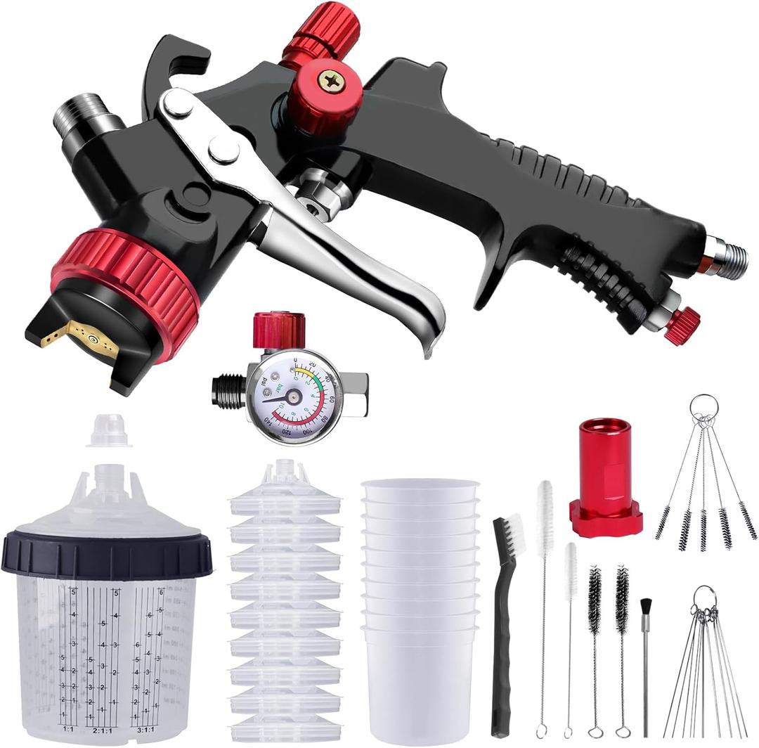 Hvlp Spray Gun with Paint Mixing Quick Cup, Automotive Paint Spray Gun Kit Contain Pressure Gauge,1.3mm Nozzle,10 Disposable 600ML Cups for Car Furniture Fence Painting
