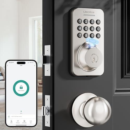 Ulecoce Fingerprint Keypad Deadbolt with Handle Set, Keyless Entry Door Lock, Door Locks for Front Door Lock Set, App Control, Auto Locking, Easy to Install, Satin Nickel