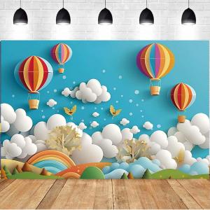 Rainbow Hot Air Balloon Flower Photography Background Happy 1st Birthday Backdrop Girl Boy 1st Birthday Party Cake Smash Banne Blue Sky White Clouds Baby Shower Newborn Background (Blue, 5X3feet)
