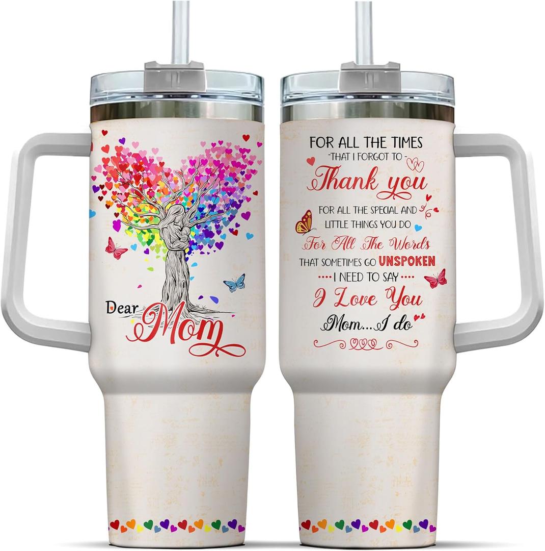 Dear Mom Tree Color, Tumbler 40 Oz With Handle Lid And Straw, Mom Gifts, For Tumblers Mommy Modern Be Cups Heart Butterfly Day Straws Mama Simple Handle Momma Insulated