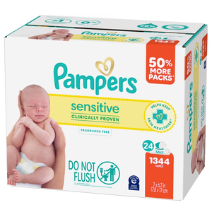 Pampers Sensitive Baby Wipes, Clinically Proven, Fragrance Free, Unscented, Water Based, Hypoallergenic, Multi-Use, Hand Wipes 1344 Wipes Total (24X Flip-Top Packs)