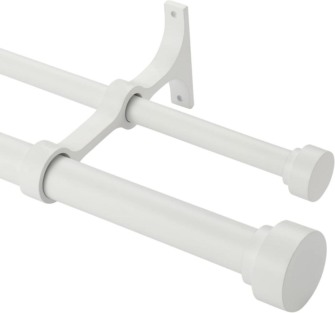 Heavy Duty Double Curtain Rods with Cylindrical Cap Finials - 72 to 144' Telescoping Rods, 1 Inch Front, 5/8 Inch Back - Matte White