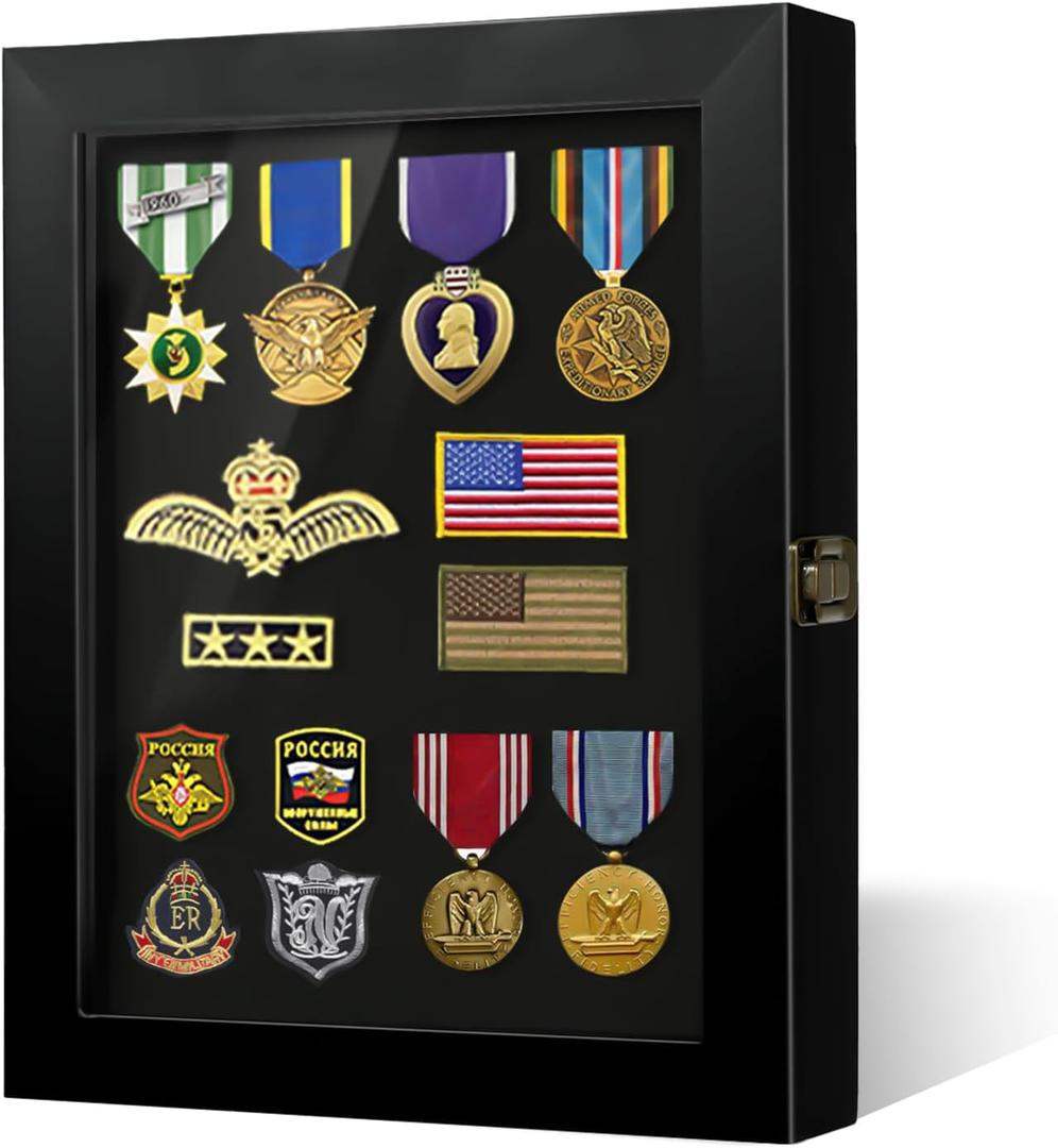 Pin Display Case 11 x 14 Solid Wood Military Shadow Box Medal Display with HD Tempered Glass for Army Bedge Award Velcro Patch Collection