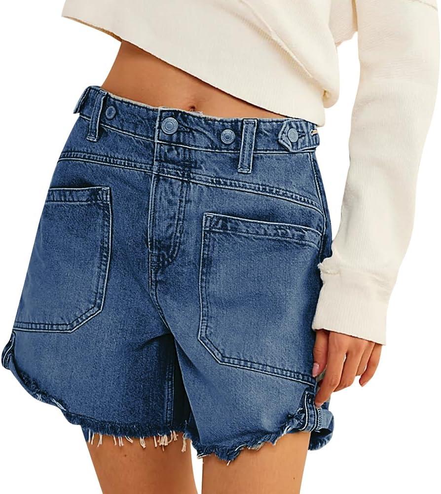 EZAPINE Women Mid Waist Jean Shorts Raw Hem Trendy Folded Hem Denim Short Jeans (Blue)