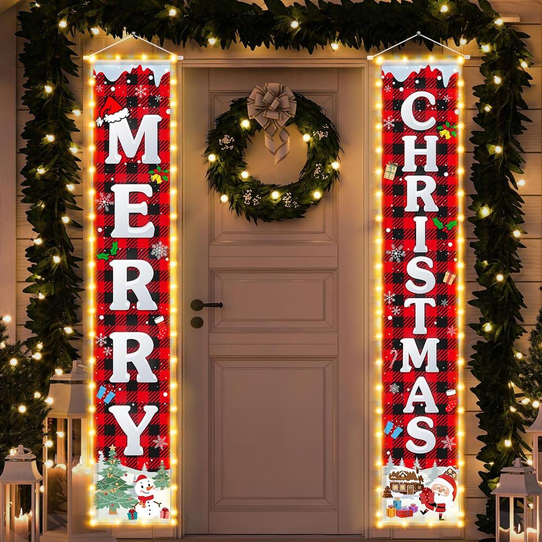 Christmas Decorations Outdoor Merry Christmas Banner with String Lights Xmas Porch Door Welcome Sign Hanging Christmas Decor Indoor for Home Holiday Outdoor Wall Front Door Yard Garage