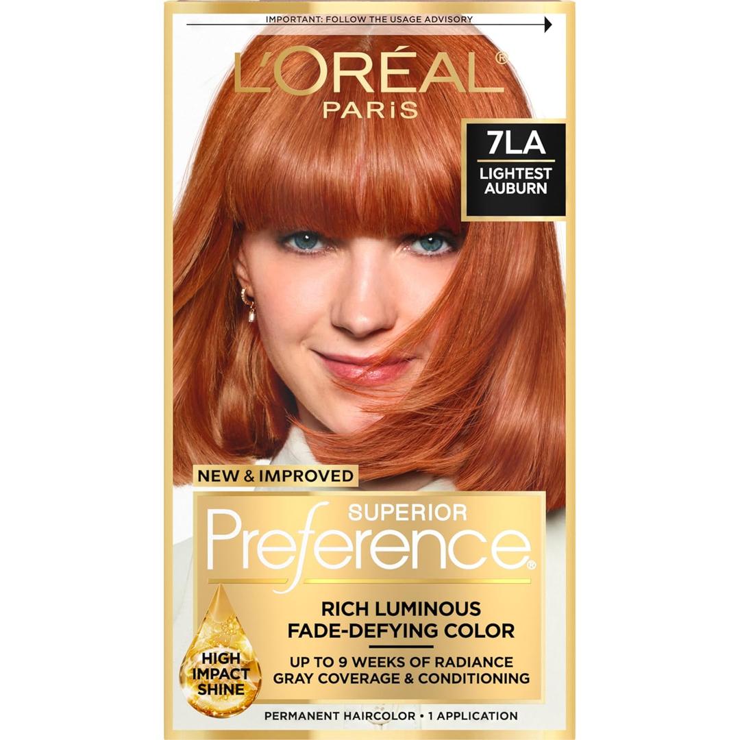 L'Oreal Paris Superior Preference Luminous Fade-Defying Permanent Hair Color, Hair Dye For Up to 9 Weeks of Radiance, Lightest Auburn 7LA, 1 Hair Dye Kit