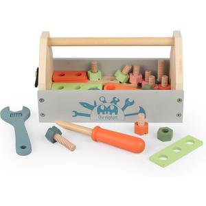 M MEEPO Wooden Toddler Tool with Box, Play Construction Toy Tool Bench with Basket