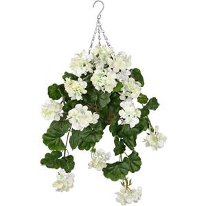 Briful Realistic Geraniums Artificial Hanging Basket for Outdoor, 23.6in Trailing Faux White Geranium Flowers in Handwoven Basket, UV Resistant Outdoor & Indoor Decor, Home Farmhouse Patio, Wedding