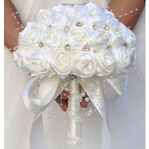 Bridal Wedding Bouquet Round Bling Brooch Bouquet Throw Toss Artificial Rose Flower Bunch for Bride Bridesmaid Wedding Quinceanera(Ivory, 7.5")