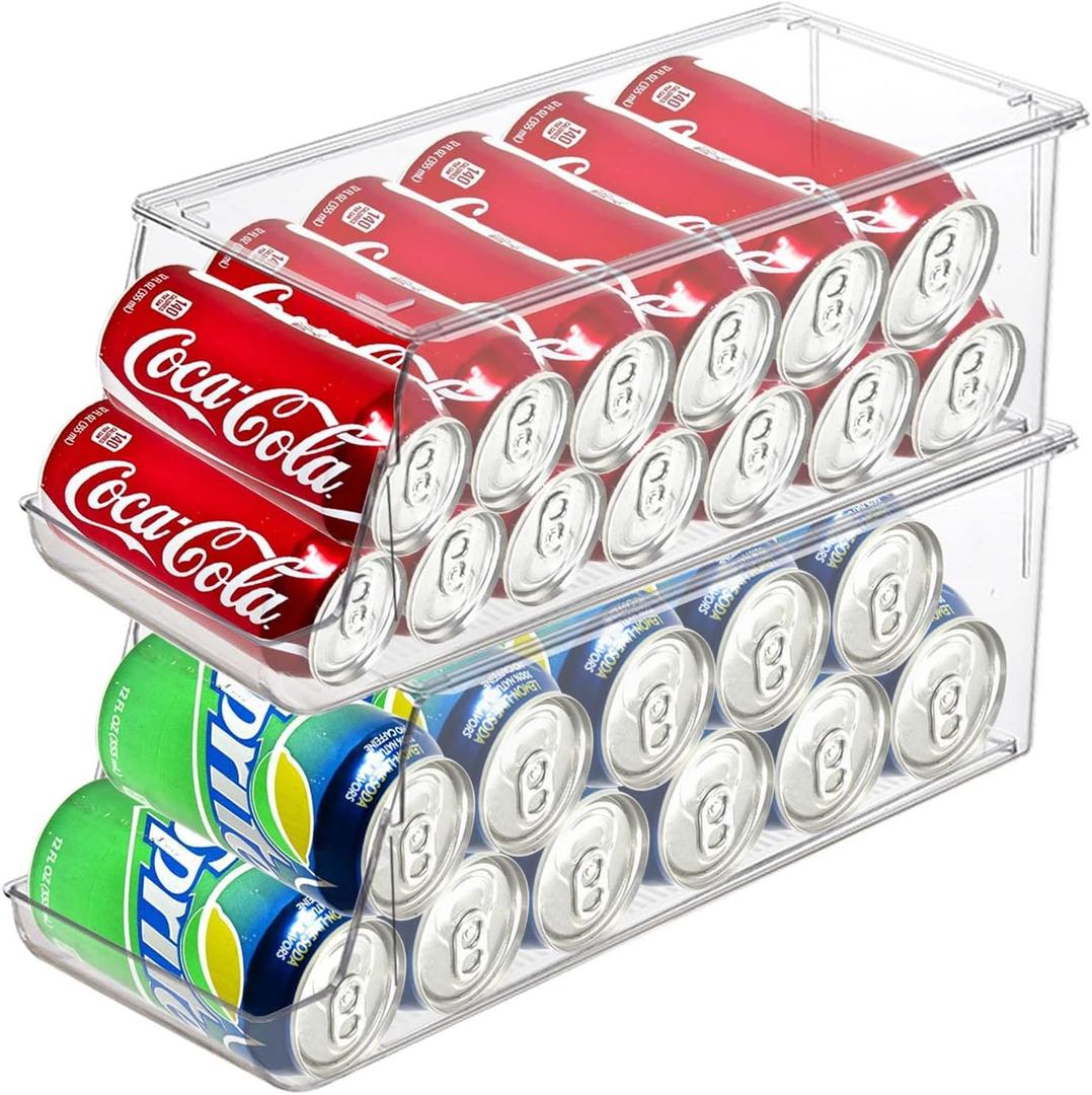 2 Pack Soda Can Organizer for Refrigerator Stackable Can Holder Dispenser with Lid for Fridge Rack Freezer, Clear Storage Bins-Holds 12 Cans Each (Clear)