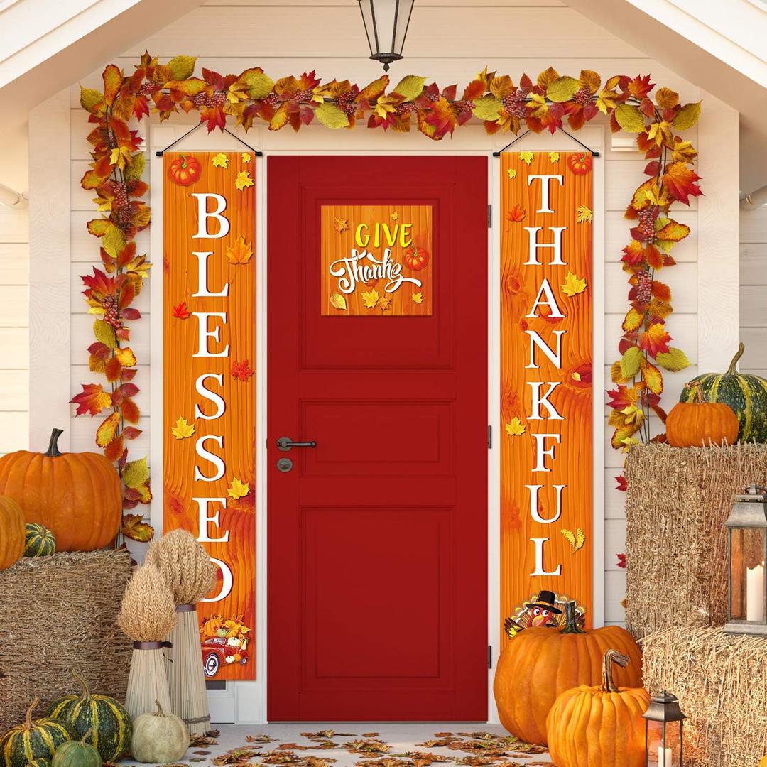 Tatuo Blessed Thankful Hanging Banner Fall Harvest Welcome Banner Porch Sign Autumn Pumpkin Maple Leaf Backdrop Flag for Home Yard Indoor Outdoor Thanksgiving Party Decorations
