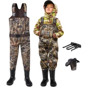 HISEA Kids Chest Waders for Toddler & Children, Youth Neoprene Waterproof Hunting Fishing Wader with Insulated Boots Boy Girl (12/13 Big Kid, Next Camo Evo(s) - Brown)