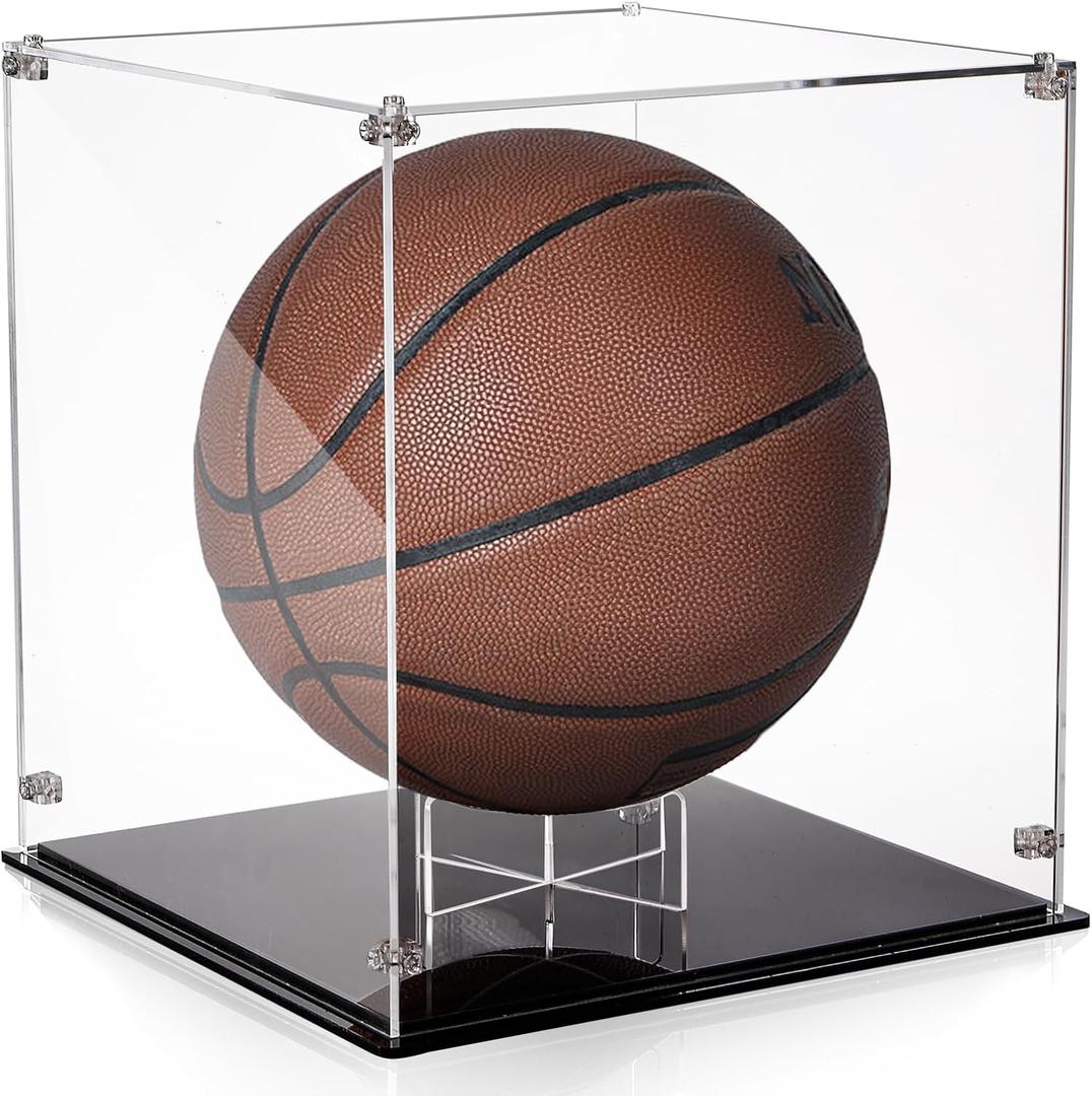 Noamus Basketball Display Case, Clear Acrylic Football Holder with Black Stand, UV Protected Soccer Ball Countertop Cube Box for Sport Collectibles, Autographed Souvenirs, Watch The Video to Assemble