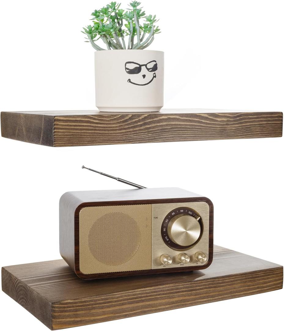 BGMG Wood Floating Shelves for wall 12 inch Set of 2, Rustic Wooden Wall Mount Shelves for Bathroom Living Room Bedroom Kitchen Farmhouse -12x 6.7 x1.25 inch- Walnut Color