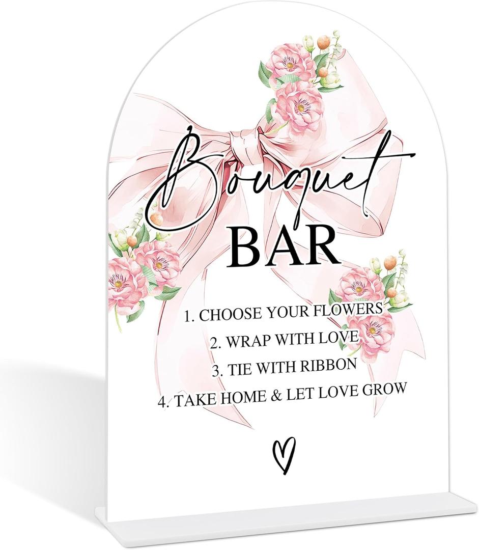 Pink Bow Bouquet Bar Sign, Flower Bar Supplies, Pink Bow Decor, Bridal Shower Decorations, Wedding Reception Decor, Bridal Shower Centerpieces for Tables, Arch Acrylic Wedding Sign With Base-21
