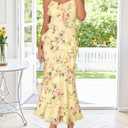 MEROKEETY Summer Floral Wedding Guest Maxi Dress Womens 2026 Spring Formal Bodycon Ruffle Spaghetti Strap Cocktail Long Dress (Yellow, M)