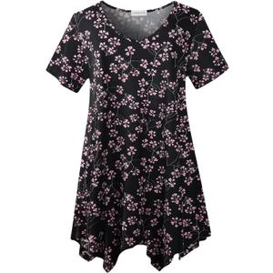 LARACE Plus Size Tops for Womens Summer Clothes Short Sleeve Shirts Casual V Neck Tunic Asymmetrical Blouses (4X, Black40pinkflower)