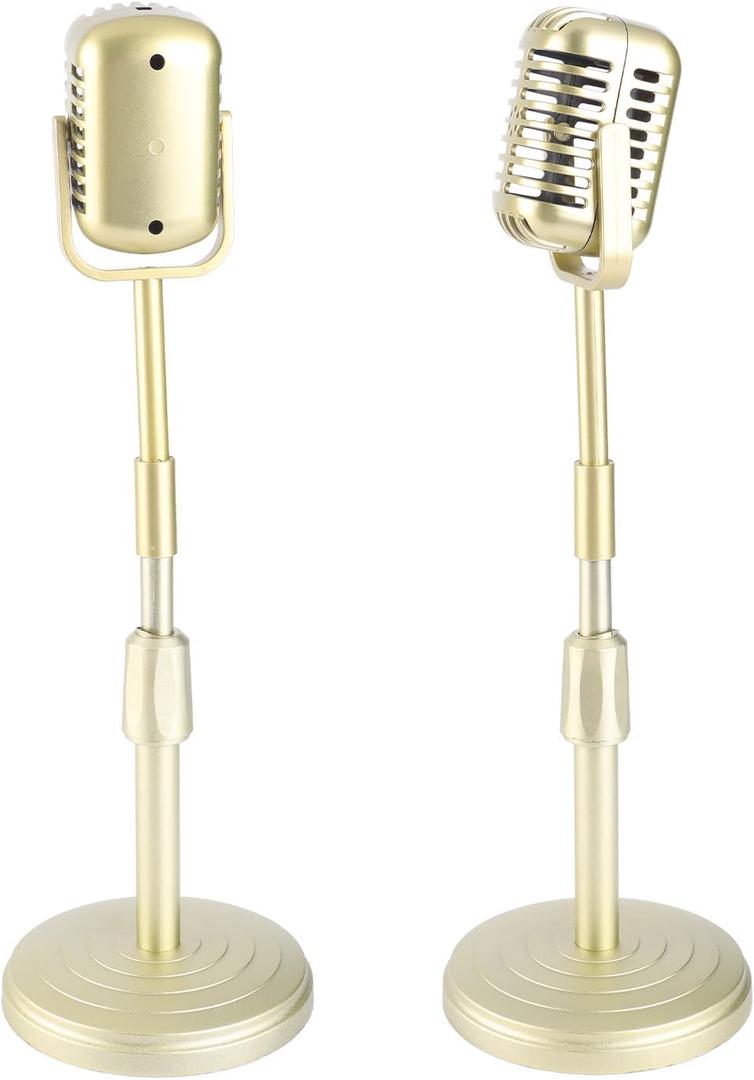 Vintage Microphone Prop Model, Microphone Table Decor with Stand, Retro Style Mic Prop Set for Photography (Golden)