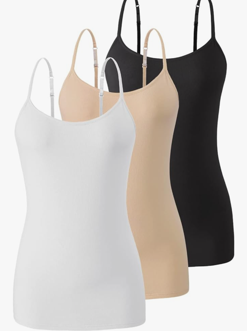 Air Curvey 2/3 Pack Cotton Women's Camisole with Shelf Bra Adjustable Strap Tank Tops Soft Undershirts Layering Tops, Size L