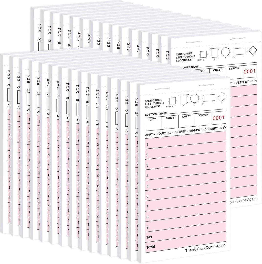 60 Pack Server Note Pads Bulk Guest Checks Books for Servers,Total 3000 Sheets Server Orders Paper Red Food Receipt Book Numbered Waitress Notepads for Restaurant Bar Cafes Food Trucks Hotels Use (1 Part with Seat Diagram, Pink)