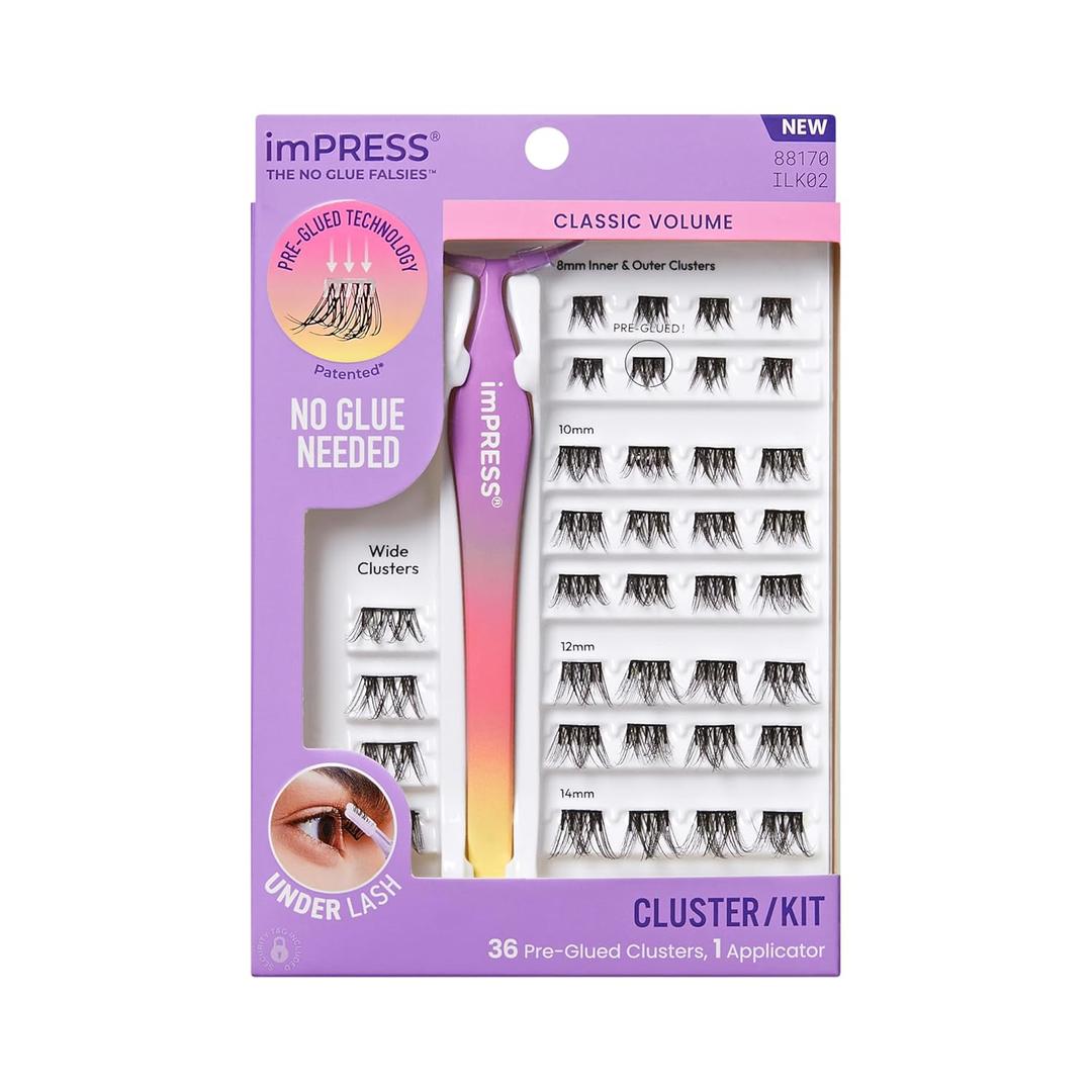 KISS imPRESS Falsies Self Adhesive Eyelashes, Press On Lashes, 12mm-14mm Glam Volume Lashes, Black, No Glue Needed, Invisible Band, 36 Lash Clusters & Non-Stick Applicator - Voluminous