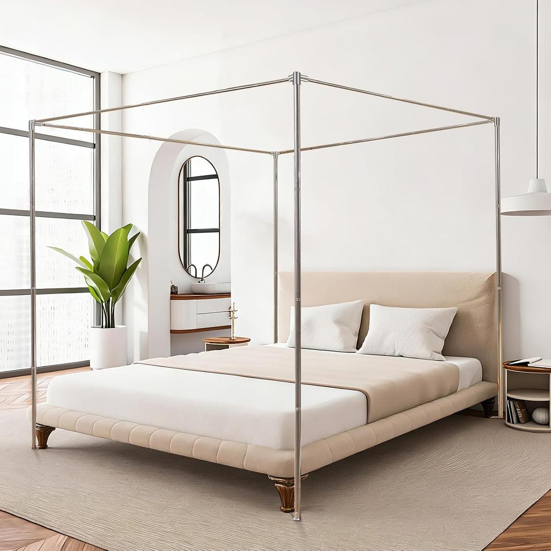 Canopy Bed Frame King Size, Stainless Steel Metal Bed Post Poles, Heavy Duty 4 Poster Floor Bedframe, Freestanding Easy Assemble, 78"W x 78"L