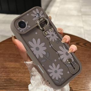 Compatible with iPhone Air Case with Finger Strap, [Upgraded] Adjustable Wristband Kickstand Cover for Women Girls, Daisy Floral Shockproof Silicone Protective Case 6.5 Inch, Brown
