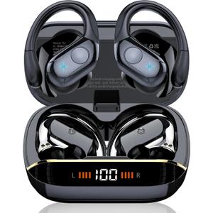 Wireless Earbuds Bluetooth 5.4 Headphones 75H Stereo Deep Bass Sports Over Ear Buds with Earhooks, LED Display Bluetooth Earbuds with 4 ENC Mic, IP7 Waterproof Earphone for Running, Black