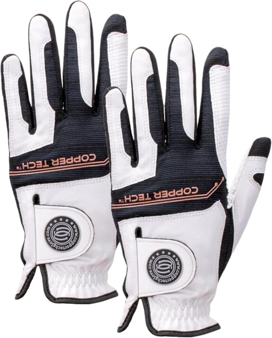 Copper Infused Golf Glove for Men White/Black 2 Pack Compression Fit, Arthritis Relief, Non-Slip Grip USGA Approved (One Size Fits Most (Cadet, Small, Medium, Large), Left Hand)