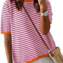 Dokotoo Womens Tops Casual Summer Crewneck Short Sleeve Striped Color Block Knit High Low Trendy Pullover Sweaters S