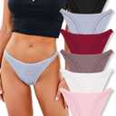 FINETOO 6 Pack String Underwear for Women Cotton High Cut Stretch Breathable Low Rise Hipster Cheeky Bikini Panties, Size S-XL  6 Pack (Black+White+Gray+Wine Red+Pink+Dark Purple)