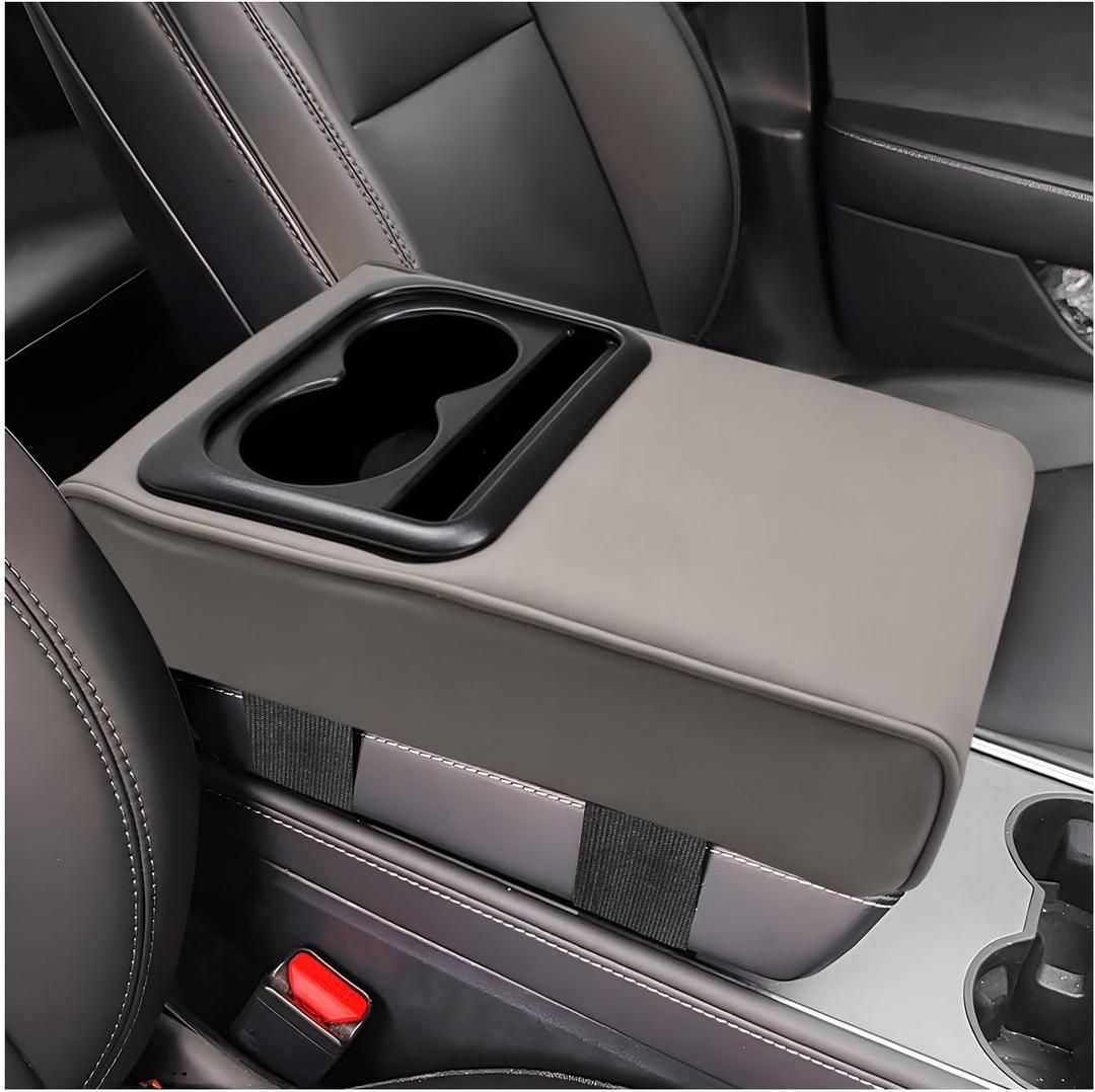 Car Center Console Armrest Pillow, Memory Foam Auto Armrest Box Cover with Cup Holder & Phone Holder, Waterproof Leather Arm Rest Protector Cushion, Interior Car Accessories (Gray)