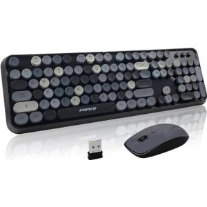 FOPETT Wireless Keyboard and Mouse Combo - 2.4G Full-Sized Cute Colorful Retro Keyboard with Round Keycaps 104 Keys Typewriter Keyboard for Laptop/Windows/PC - Grey Colorful