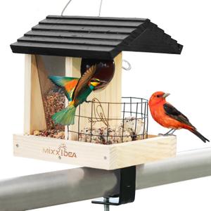 MIXXIDEA Wooden Deck Bird Feeder for Railing, Balcony Deck Bird Feeders for Outside, Sturdy Birds Feeder for Attracting Wild Birds (1pack)