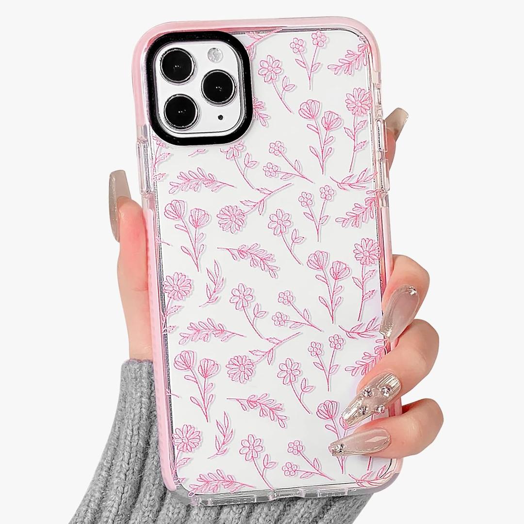2 x NITITOP Compatible for iPhone 11 Pro Case Cute Flower Floral Clear for Women Girl Ultra Slim Crystal Shockproof Soft TPU Anti-Yellow Protective Phone Cover - Clear Pink