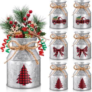Domensi 6 Pcs Christmas Flower Vases for Table Centerpieces Bulk 5.12 Inch Rustic Metal Galvanized Flower Buckets with Bow Farmhouse Buffalo Plaid Xmas Milk Can Jug for Kitchen Dining Table Decor
