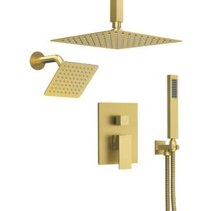 10" High-Pressure Rainfall Shower Faucet, Celling Mount Dual Shower Head System, Brushed Gold