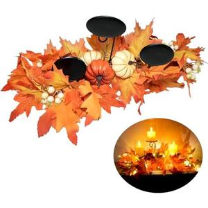 Fall Candle Holder Centerpiece for Table with Lights 3 Wick Candle Holde with Big Pumpkins Cute Berries and Rich Maples Autumn Decorations for Table Centerpiece Dining Room Desktop Indoor Home Decor