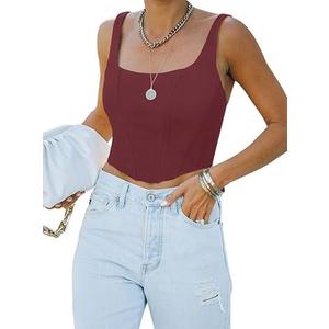 REORIA Women's Summer Sexy Square Neck Sleeveless Trendy Night Club Cropped Tank Top Cute Going Out Bustier Corset Crop Tops Burgundy Large