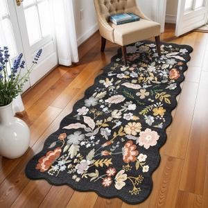 3x6 Washable Kitchen Runner Rug: Non Slip Floral Scalloped Runner Rugs for Hallway Stain Resistant Floor Mat for Entryway Boho Carpet Runner for Bedroom Living Room (Black, 3x6)