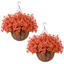 Hananona 22 Pcs Artficial Outdoor Flowers with Hanging Baskets, Orange Fall mums 2 Pack Hanging Planter with Outdoor Fall Flowers for Autumn Porch Garden and Home Patio Yard Decor (2, Orange)