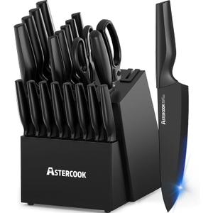 Knife Set, Astercook 21 Pieces Knife Sets for Kitchen with Block, Dishwasher Safe Kitchen Knife Set with Built-in Sharpener, German Stainless Steel Black Knife Block Set