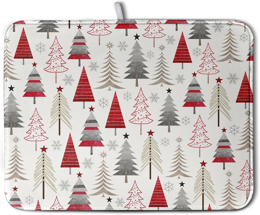 Christmas Dish Drying Mats for Kitchen Counter Xmas Tree Drying Mat Winter Holiday Dishes Drying Pad Microfiber Absorbent Dish Draining Mat Washable Dish Drainer Rack Mat 18x24 Inch