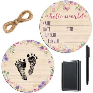 Thyle Baby Announcement Wooden Name Sign for Hospital Birth Double Sided Newborn Welcome Sign with Marker Pen and Ink Pad for Baby Shower Hand Footprints(Butterfly)