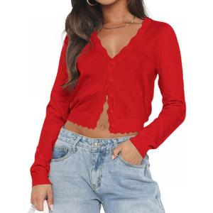 LEEDYA Women's Long Sleeve Cardigans Open Front Knit Cropped Sweaters Fall V Neck Button Down Jacket Tops (Red, M)