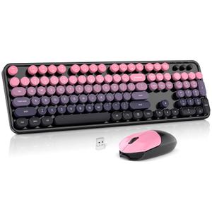 Wireless Keyboard and Mouse Combo, MOWUX Full Size Typewriter Retro Round Computer Keyboard, Cute Optical Mouse Wireless, Plug and Play, for Laptop, PC, Computer- Plum Pink Gradient