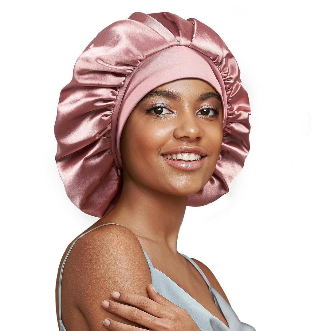 22 Momme 100% Real Mulberry Silk Bonnet for Sleeping Women, Large Hair Care Bonnet for Long Curly Hair, Double Layer Silk Wrap with Soft Elastic Band, Non-Slip Sleep Cap, Pink