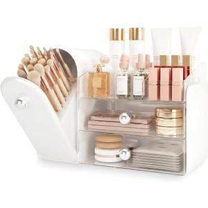 lurcns Makeup Organizer with Dustproof Brush Holder for Vanity, Large Cosmetics Organizer and Bathroom Countertop Skincare Storage with 2 Clear Drawers for Lipstick, Perfume, Eyeshadow Palettes,White